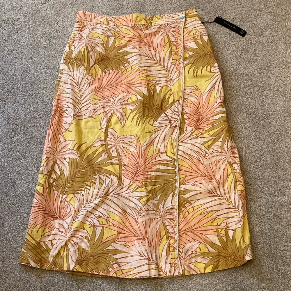 Tahari 100% Linen Tropical Palm Print Faux Wrap Skirt w/Pockets Womens Size L